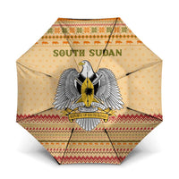 South Sudan Christmas Umbrella with Beige Tribal Pattern, National Emblem, and Green Star Motif - Wonder Print Shop