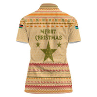 South Sudan Christmas Women Polo Shirt with Beige Tribal Pattern, National Emblem, and Green Star Motif - Wonder Print Shop