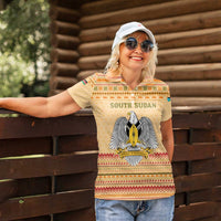 South Sudan Christmas Women Polo Shirt with Beige Tribal Pattern, National Emblem, and Green Star Motif - Wonder Print Shop