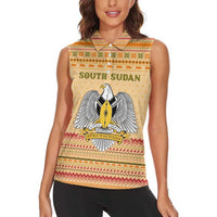 South Sudan Christmas Women Sleeveless Polo Shirt with Beige Tribal Pattern, National Emblem, and Green Star Motif - Wonder Print Shop