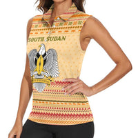 South Sudan Christmas Women Sleeveless Polo Shirt with Beige Tribal Pattern, National Emblem, and Green Star Motif - Wonder Print Shop