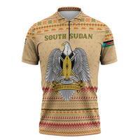 South Sudan Christmas Zipper Polo Shirt with Beige Tribal Pattern, National Emblem, and Green Star Motif - Wonder Print Shop