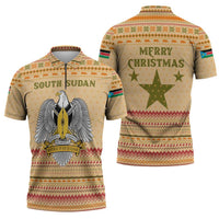 South Sudan Christmas Zipper Polo Shirt with Beige Tribal Pattern, National Emblem, and Green Star Motif - Wonder Print Shop
