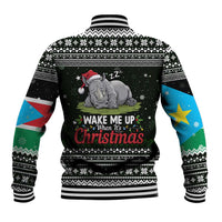 South Sudan Christmas Baseball Jacket with National Map, Flag Colors, and Sleeping Rhino Motif - Wonder Print Shop