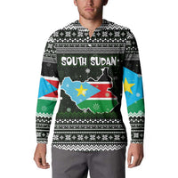 South Sudan Christmas Button Sweatshirt with National Map, Flag Colors, and Sleeping Rhino Motif - Wonder Print Shop