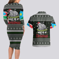 South Sudan Christmas Couples Matching Long Sleeve Bodycon Dress and Hawaiian Shirt with National Map, Flag Colors, and Sleeping Rhino Motif - Wonder Print Shop