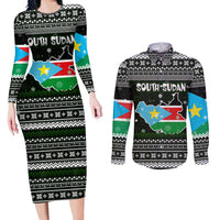 South Sudan Christmas Couples Matching Long Sleeve Bodycon Dress and Long Sleeve Button Shirt with National Map, Flag Colors, and Sleeping Rhino Motif - Wonder Print Shop