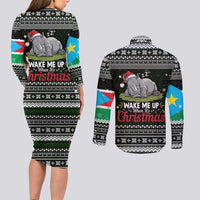 South Sudan Christmas Couples Matching Long Sleeve Bodycon Dress and Long Sleeve Button Shirt with National Map, Flag Colors, and Sleeping Rhino Motif - Wonder Print Shop