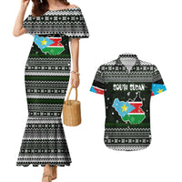 South Sudan Christmas Couples Matching Mermaid Dress and Hawaiian Shirt with National Map, Flag Colors, and Sleeping Rhino Motif - Wonder Print Shop