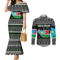 South Sudan Christmas Couples Matching Mermaid Dress and Long Sleeve Button Shirt with National Map, Flag Colors, and Sleeping Rhino Motif - Wonder Print Shop