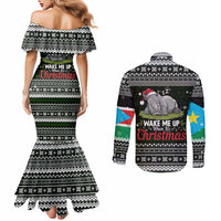 South Sudan Christmas Couples Matching Mermaid Dress and Long Sleeve Button Shirt with National Map, Flag Colors, and Sleeping Rhino Motif - Wonder Print Shop