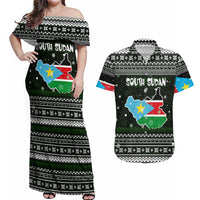 South Sudan Christmas Couples Matching Off Shoulder Maxi Dress and Hawaiian Shirt with National Map, Flag Colors, and Sleeping Rhino Motif - Wonder Print Shop