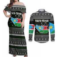 South Sudan Christmas Couples Matching Off Shoulder Maxi Dress and Long Sleeve Button Shirt with National Map, Flag Colors, and Sleeping Rhino Motif - Wonder Print Shop
