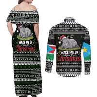 South Sudan Christmas Couples Matching Off Shoulder Maxi Dress and Long Sleeve Button Shirt with National Map, Flag Colors, and Sleeping Rhino Motif - Wonder Print Shop