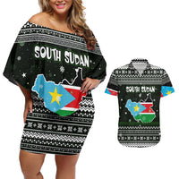 South Sudan Christmas Couples Matching Off Shoulder Short Dress and Hawaiian Shirt with National Map, Flag Colors, and Sleeping Rhino Motif - Wonder Print Shop