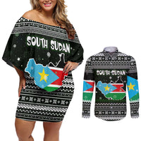 South Sudan Christmas Couples Matching Off Shoulder Short Dress and Long Sleeve Button Shirt with National Map, Flag Colors, and Sleeping Rhino Motif - Wonder Print Shop