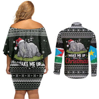 South Sudan Christmas Couples Matching Off Shoulder Short Dress and Long Sleeve Button Shirt with National Map, Flag Colors, and Sleeping Rhino Motif - Wonder Print Shop