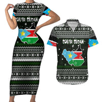 South Sudan Christmas Couples Matching Short Sleeve Bodycon Dress and Hawaiian Shirt with National Map, Flag Colors, and Sleeping Rhino Motif - Wonder Print Shop