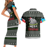 South Sudan Christmas Couples Matching Short Sleeve Bodycon Dress and Hawaiian Shirt with National Map, Flag Colors, and Sleeping Rhino Motif - Wonder Print Shop