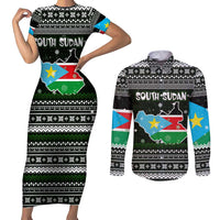 South Sudan Christmas Couples Matching Short Sleeve Bodycon Dress and Long Sleeve Button Shirt with National Map, Flag Colors, and Sleeping Rhino Motif - Wonder Print Shop