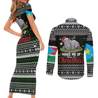 South Sudan Christmas Couples Matching Short Sleeve Bodycon Dress and Long Sleeve Button Shirt with National Map, Flag Colors, and Sleeping Rhino Motif - Wonder Print Shop