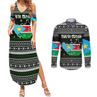 South Sudan Christmas Couples Matching Summer Maxi Dress and Long Sleeve Button Shirt with National Map, Flag Colors, and Sleeping Rhino Motif - Wonder Print Shop