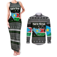 South Sudan Christmas Couples Matching Tank Maxi Dress and Long Sleeve Button Shirt with National Map, Flag Colors, and Sleeping Rhino Motif - Wonder Print Shop