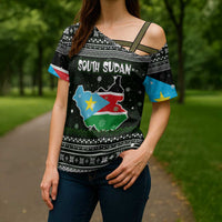 South Sudan Christmas Cross Shoulder Shirt with National Map, Flag Colors, and Sleeping Rhino Motif - Wonder Print Shop