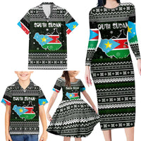 South Sudan Christmas Family Matching Long Sleeve Bodycon Dress and Hawaiian Shirt with National Map, Flag Colors, and Sleeping Rhino Motif - Wonder Print Shop