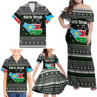 South Sudan Christmas Family Matching Off Shoulder Maxi Dress and Hawaiian Shirt with National Map, Flag Colors, and Sleeping Rhino Motif - Wonder Print Shop