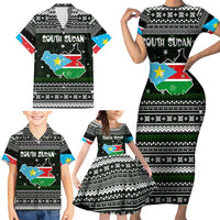 South Sudan Christmas Family Matching Short Sleeve Bodycon Dress and Hawaiian Shirt with National Map, Flag Colors, and Sleeping Rhino Motif - Wonder Print Shop