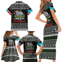 South Sudan Christmas Family Matching Short Sleeve Bodycon Dress and Hawaiian Shirt with National Map, Flag Colors, and Sleeping Rhino Motif - Wonder Print Shop