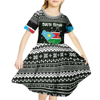 South Sudan Christmas Kid Short Sleeve Dress with National Map, Flag Colors, and Sleeping Rhino Motif - Wonder Print Shop