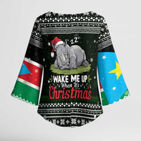 South Sudan Christmas Kimono Sleeve Blouse with National Map, Flag Colors, and Sleeping Rhino Motif - Wonder Print Shop