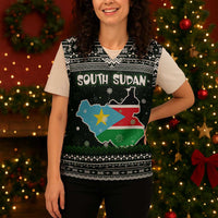 South Sudan Christmas Knitted V-Neck Vest with National Map, Flag Colors, and Sleeping Rhino Motif - Wonder Print Shop