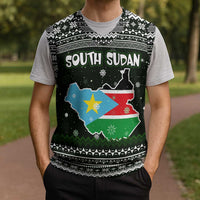 South Sudan Christmas Knitted V-Neck Vest with National Map, Flag Colors, and Sleeping Rhino Motif - Wonder Print Shop