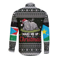 South Sudan Christmas Long Sleeve Button Shirt with National Map, Flag Colors, and Sleeping Rhino Motif - Wonder Print Shop