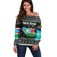 South Sudan Christmas Off Shoulder Sweater with National Map, Flag Colors, and Sleeping Rhino Motif - Wonder Print Shop