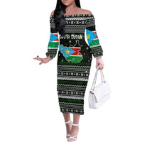 South Sudan Christmas Off The Shoulder Long Sleeve Dress with National Map, Flag Colors, and Sleeping Rhino Motif - Wonder Print Shop
