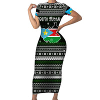 South Sudan Christmas Short Sleeve Bodycon Dress with National Map, Flag Colors, and Sleeping Rhino Motif - Wonder Print Shop