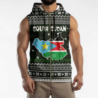 South Sudan Christmas Sleeveless Zip Hoodie with National Map, Flag Colors, and Sleeping Rhino Motif - Wonder Print Shop