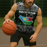 South Sudan Christmas Sleeveless Zip Hoodie with National Map, Flag Colors, and Sleeping Rhino Motif - Wonder Print Shop