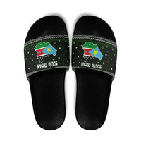 South Sudan Christmas Slide Sandals with National Map, Flag Colors, and Sleeping Rhino Motif - Wonder Print Shop
