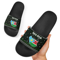 South Sudan Christmas Slide Sandals with National Map, Flag Colors, and Sleeping Rhino Motif - Wonder Print Shop