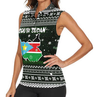 South Sudan Christmas Women Sleeveless Polo Shirt with National Map, Flag Colors, and Sleeping Rhino Motif - Wonder Print Shop