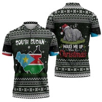South Sudan Christmas Zipper Polo Shirt with National Map, Flag Colors, and Sleeping Rhino Motif - Wonder Print Shop