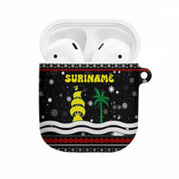 Suriname Christmas AirPods Case with Black Festive Pattern, Golden Ship, Palm Tree, and Coat of Arms Motif - Wonder Print Shop