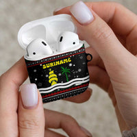 Suriname Christmas AirPods Case with Black Festive Pattern, Golden Ship, Palm Tree, and Coat of Arms Motif - Wonder Print Shop