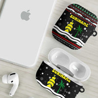 Suriname Christmas AirPods Case with Black Festive Pattern, Golden Ship, Palm Tree, and Coat of Arms Motif - Wonder Print Shop