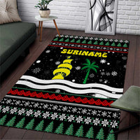 Suriname Christmas Area Rug with Black Festive Pattern, Golden Ship, Palm Tree, and Coat of Arms Motif - Wonder Print Shop